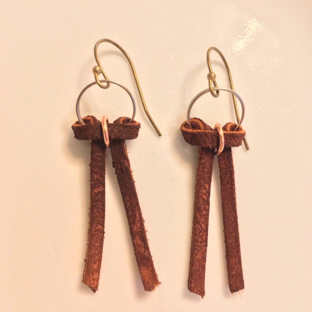 ARTISAN Chestnut Brown Leather Bow on Bronze hypoallergenic Earrings